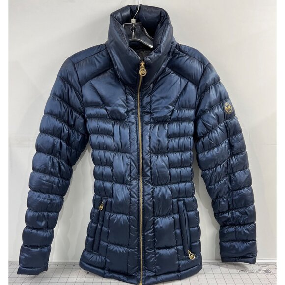 Michael Kors Women's Packable Down Puffer Jacket Navy Blue Gold Accents Sz. M - Picture 1 of 10